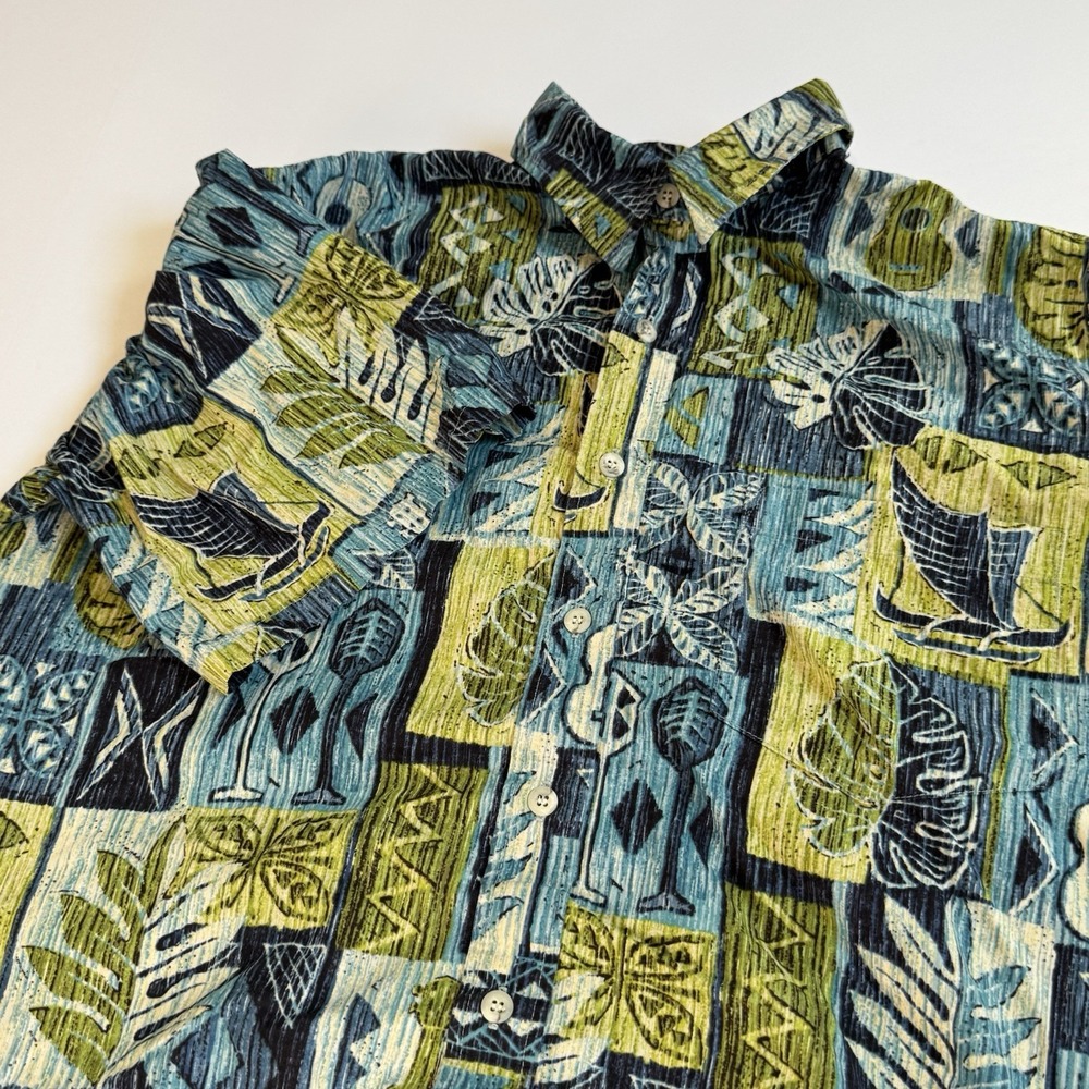Vintage Go Barefoot Hawaiian Aloha Shirt XL Reverse Print Tribal Tapa Patchwork